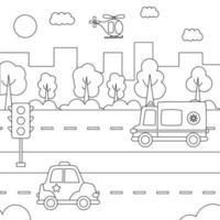 paisagem da cidade em preto e branco com transporte de desenhos animados. vetor