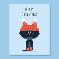 uma Natal cartão postal com uma Sombrio gato dentro uma vermelho boné e vermelho meias. vetor ilustração. mão empate, desenho animado.