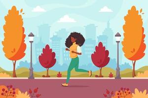mulher negra correndo no parque outono. estilo de vida saudável, esporte vetor