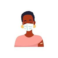 mulher africana em máscara protetora com band-aid no antebraço. vetor