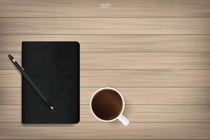 caderno e xícara de café em madeira. vetor