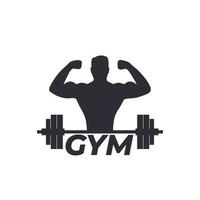fitness, logotipo da academia com atleta forte e barra vetor
