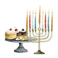judaico feriado hanukkah símbolos com menorá, velas, pião, tradicional rosquinhas vetor aguarela ilustração. melhor para hanukkah cumprimento cartão