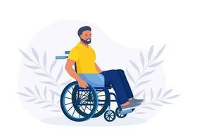 Desativado homem sentado dentro cadeira de rodas e aguarde roda. jovem cara com deficiências. incapacidade conceito vetor