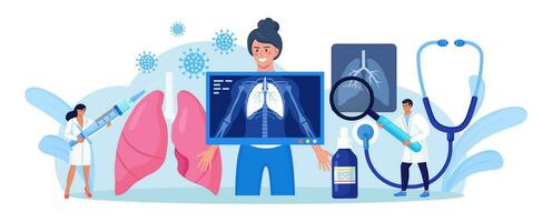 fluorografia e x raio digitalização do paciente. médico fazendo peito raio X triagem. radiologista fazendo pulmões checar procedimento, analisando fluoroscopia imagens, roentgen fotografia, peito radiografia vetor