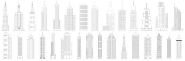 grande coleção do rabisco arranha-céus. arranha-céus esboço ícones definir. o negócio escritório edifícios dentro rabisco estilo. vetor ilustração.