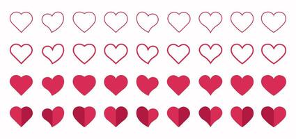 conjunto do vermelho plano simples corações, dia dos namorados, namorados dia decorações, inscrição botões, gostar sinais e símbolos, logotipos, emblemas, vetor ilustração.