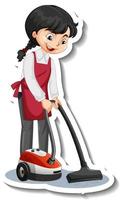 Adesivo de personagem de desenho animado com uma empregada doméstica usando aspirador de pó vetor