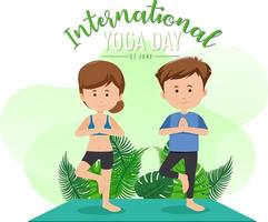 banner do dia internacional de ioga com um casal fazendo exercícios de ioga vetor