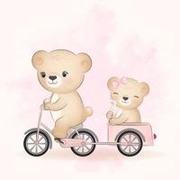 urso fofo andando de bicicleta com o ursinho no trailer vetor