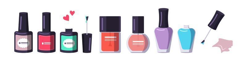 um frasco de esmalte em diferentes formas e cores. ferramentas de manicure vetor