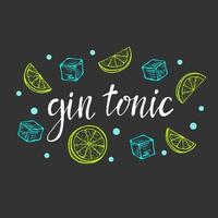 lettering gin tônica, ilustração em vetor coquetel clássico desenhado à mão