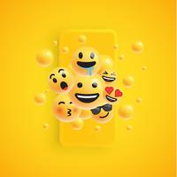 3D e diferentes tipos de emoticons com smartphone fosco, vetor illustartion