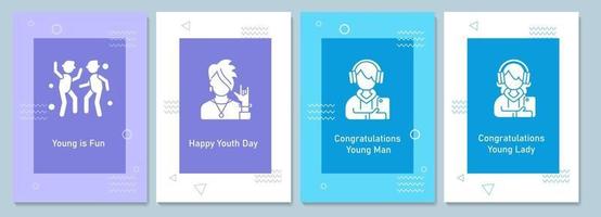 cartões comemorativos do dia mundial da juventude com conjunto de elementos de ícone de glifo vetor