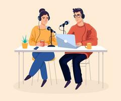 podcast mulher e homens sentado às a mesa vetor