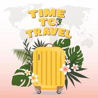 hora de viajar. mala amarela com folhas tropicais. turismo vetor