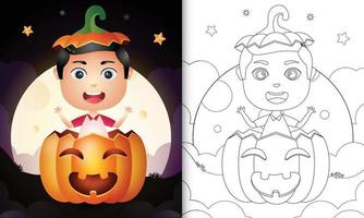 livro para colorir com um menino bonito na abóbora de halloween vetor