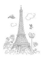 torre eiffel em paris. rosas, lanterna e pombas. desenho de linha vetor