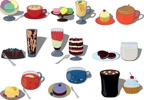 conjunto de ilustração vetorial de pares, sobremesas doces e bebidas vetor