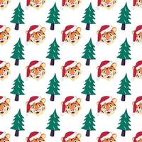 Padrão sem emenda com uma árvore de Natal e um tigre com um chapéu de Papai Noel vermelho