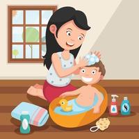 mãe lavando o cabelo do filho com ilustração de amor vetor
