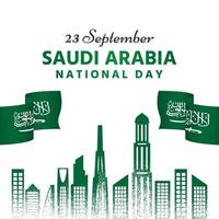 dia nacional da arábia saudita verde e edifícios circundantes com bandeiras vetor