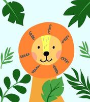 mão desenhada vetor leão no quadro de folhas tropicais. ilustração fofa