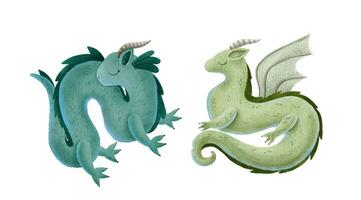conjunto do verde dragões com buzina, patas e orelhas do fada contos. assustador criaturas, chinês verde Novo ano personagem, personagens para jogos. desenho animado estilo ilustração. isolado em branco fundo vetor