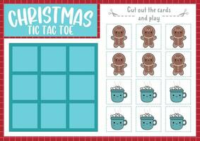 vetor Natal tic tac dedo do pé gráfico com Pão de gengibre e quente cacau. Novo ano borda jogos jogando campo com fofa kawaii personagens. engraçado inverno feriado imprimível planilha. nada e cruzes rede