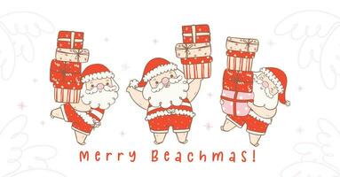 fofa verão Natal santa claus com presentes coleção. kawaii verão Natal feriado desenho animado rabisco mão desenhando bandeira vetor