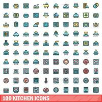 100 cozinha ícones definir, cor linha estilo vetor