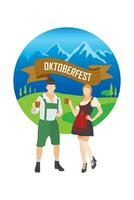 casal vestindo tradicional roupas beber Cerveja para outubro Festival em montanha e Colina fundo vetor