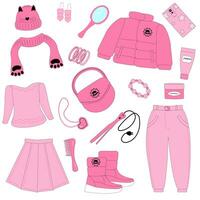 barbie core conjunto com Rosa roupas e de outros acessórios. estação outono inverno frio temporada. vetor ilustração eps10