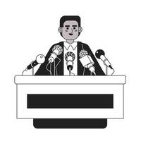 alto falante conferência pressione microfones Preto e branco desenho animado plano ilustração. pódio orador africano americano homem linear 2d personagem isolado. político candidato monocromático cena vetor imagem