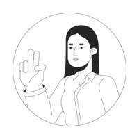 Paz placa menina ásia com grandes em linha reta cabelo Preto e branco 2d vetor avatar ilustração. coreano senhora selfie esboço desenho animado personagem face isolado. gesto dois dedos acima plano do utilizador perfil imagem