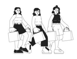 amigos indo compras monocromático plano vetor personagens. meninas com pacotes. alma companheiros. editável fino linha cheio corpo pessoas em branco. simples bw desenho animado local imagem para rede gráfico Projeto