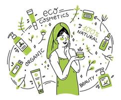 cosméticos ecológicos, mulher aplica creme no estilo doodle vetor