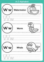 alfabeto az exercício com vocabulário de desenho animado para livro de colorir