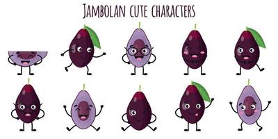 frutas jambolan personagens engraçados fofinhos com emoções diferentes vetor