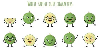 frutas de sapote branco personagens engraçados e fofinhos com emoções diferentes vetor