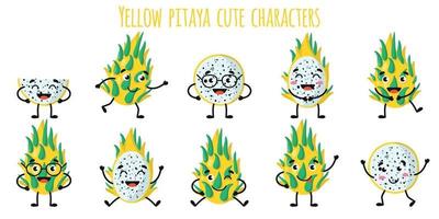 amarelo pitaya frutas fofinhos personagens engraçados com emoções diferentes vetor