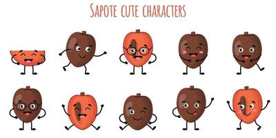 Sapote fruit personagens engraçados e fofinhos com emoções diferentes vetor