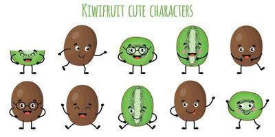 Kiwis, frutas, personagens engraçados e fofinhos com emoções diferentes vetor