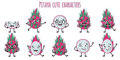 pitaya fruit personagens engraçados e fofinhos com emoções diferentes vetor