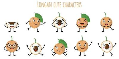 Longan fruit personagens engraçados e fofinhos com emoções diferentes vetor