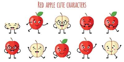 maçã vermelha frutas personagens fofinhos e engraçados com emoções diferentes vetor