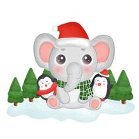 cartão de feliz Natal com elefante fofo e pinguins.