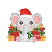 cartão de Natal com elefante de cor de água e caixas de presente. vetor