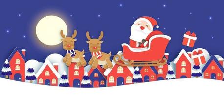 banner de Natal com um papai noel e a aldeia de neve. vetor