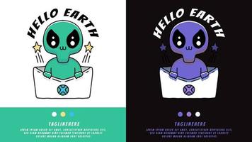 alienígena dos desenhos animados em envelope com estilo de campanha publicitária. ilustração para camiseta vetor